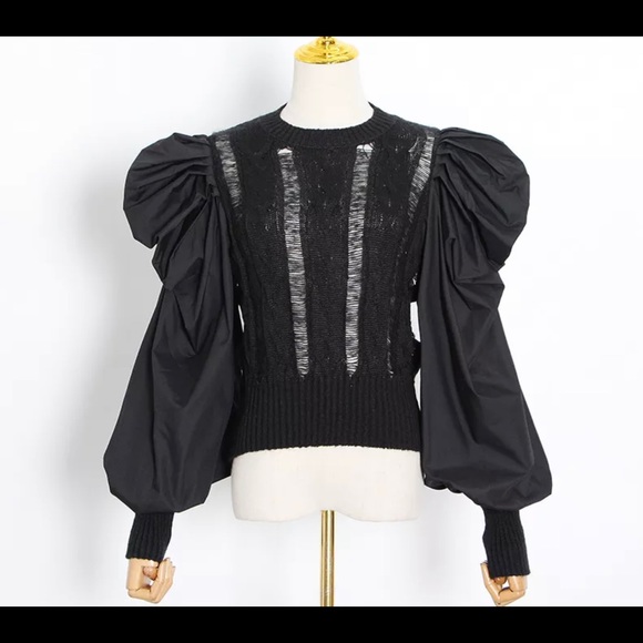 Tops - New Bishop Puff Sleeves Distress Crew neck Black color Pull on Sweater